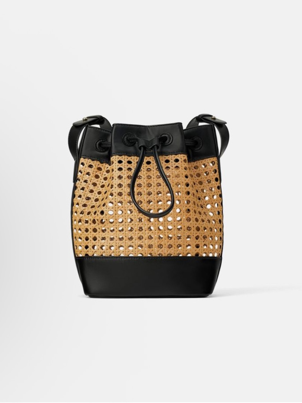 Zara Woven Rattan and Faux Leather Bucket Bag